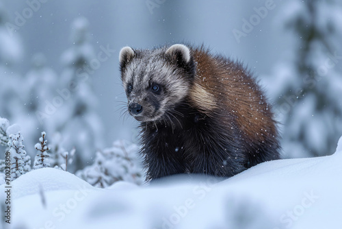 A wolverine exhibits stealth in the pristine alpine snow
