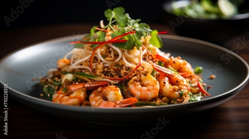 Close-up of Pad Thai noodles and shrimp, capturing the essence of the dish with a focus on the textures and colors.