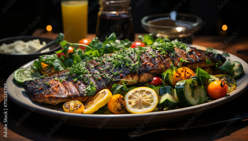 Grilled salmon fillet with fresh vegetable salad generated by AI