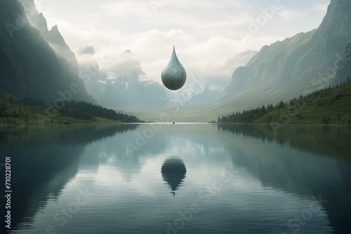 A lake resembling a water droplet nestled in pristine surroundings, symbolizing nature's capacity to retain and cleanse water. Generative AI photo