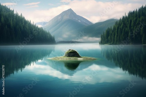 A lake resembling a water droplet nestled in pristine surroundings, symbolizing nature's capacity to retain and cleanse water. Generative AI photo