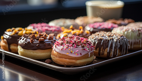 Freshly baked donut with chocolate icing and sprinkles generated by AI photo