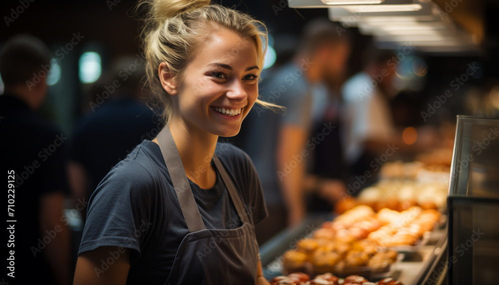 Smiling young woman, owner of coffee shop, looking generated by AI