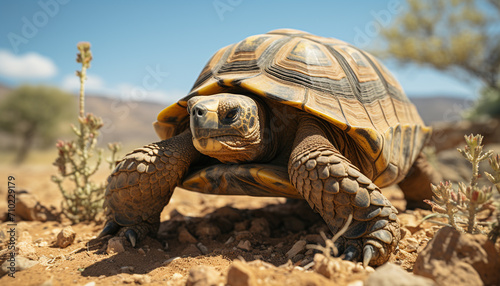 Slow turtle crawling in the African wildlife reserve generated by AI