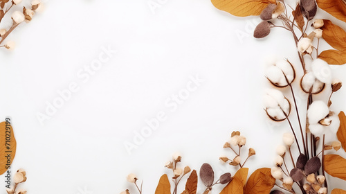 autumn composition. frame made of eucalyptus branches on white background