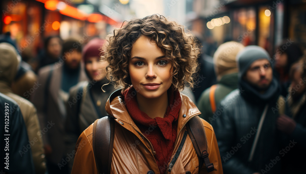 Young adults walking in the city, smiling at camera generated by AI