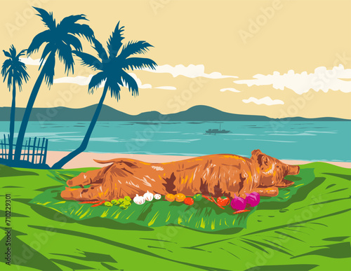 Art Deco or WPA poster art of a lechon, litson  or roasted suckling pig at the beach in Talisay City, Cebu, Philippines done in works project administration style.

