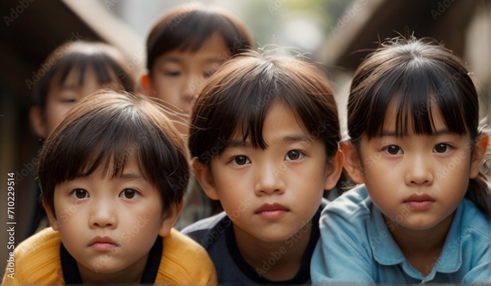 Asian Group Of Children Looking Down Into Camera from Generative AI Asian Group Of Children Looking Down Into Camera from Generative AI
