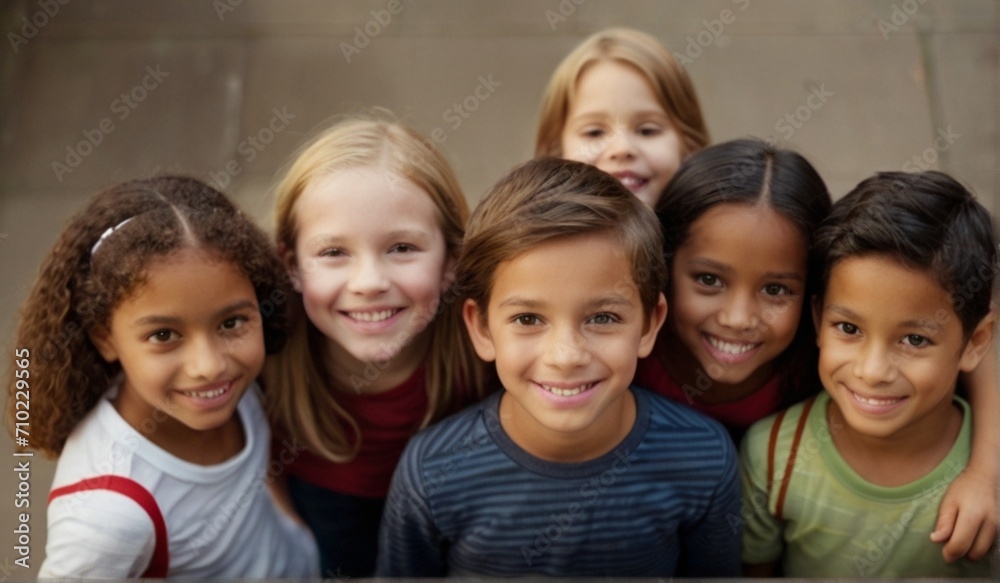 American Group Of Children Looking Down Into Camera from Generative AI American Group Of Children Looking Down Into Camera from Generative AI