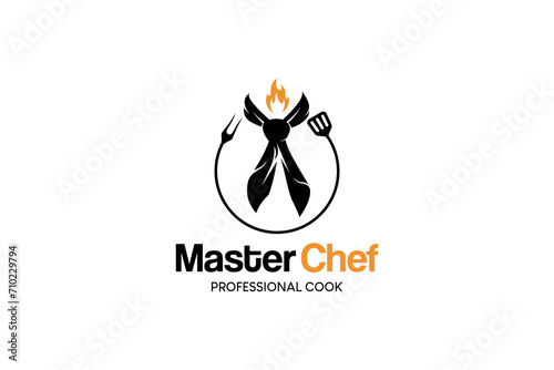 Master chef logo design, restaurant vector symbol with chef's tie