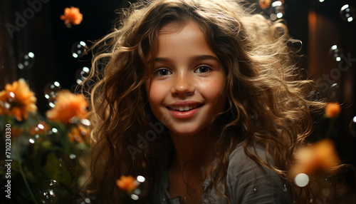 Smiling girl with curly hair enjoys Christmas lights outdoors at night generated by AI