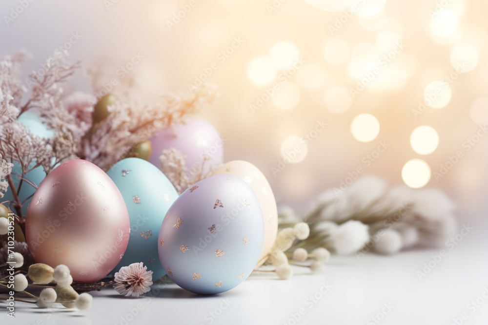 Pastel colored Easter eggs and flowers on sunny light background. Moody atmospheric image. Generative AI