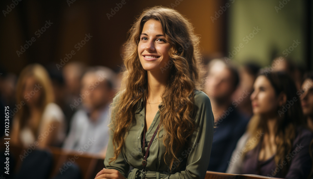 Young women smiling in a classroom, studying together generated by AI Young women smiling in a classroom, studying together generated by AI