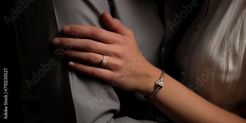Close up of wife hand on husband arm. Generative Ai © Yuridabi