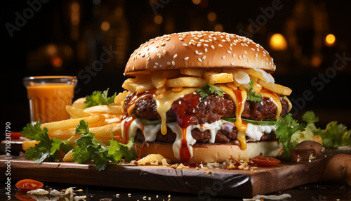 Grilled burger with cheese  tomato  and French fries generated by AI