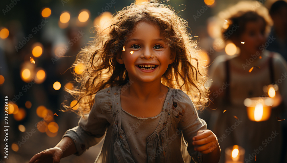 Smiling child, cheerful girls, cute childhood, outdoors celebration, playful portrait generated by AI Smiling child, cheerful girls, cute childhood, outdoors celebration, playful portrait generated by AI