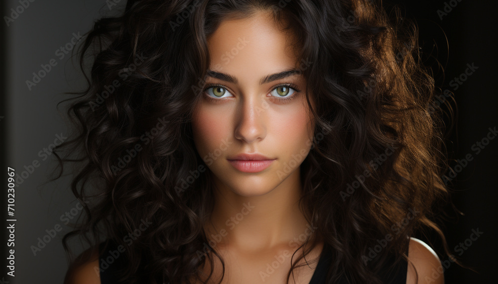 Beautiful woman with brown hair looking at camera generated by AI Beautiful woman with brown hair looking at camera generated by AI