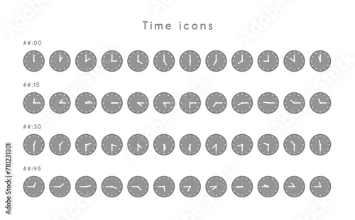 時間毎の時計アイコン素材セット(1時間・15分・30分・45分) モノクロ
