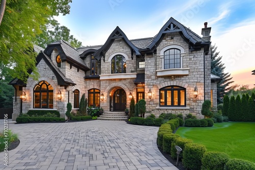 Exterior of Luxurious Stone Mansion Home with Brick Driveway and Beautiful Landscaping at Twilight photo