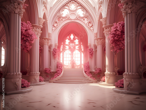 Luxury interior of a pink vintage hall with pink columns. 3d rendering valentine style