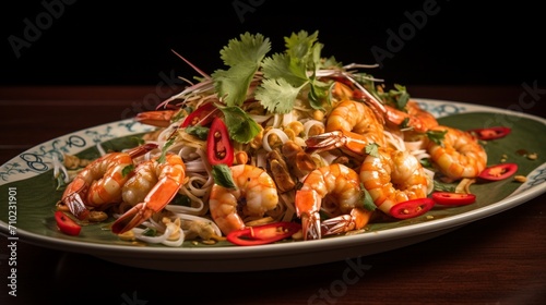 Pad Thai arranged in an artful presentation, with perfectly cooked shrimp arranged alongside a sprinkle of sesame seeds, ready to be savored.