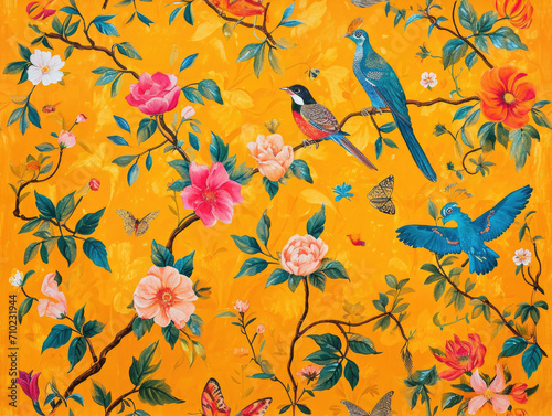 Poetic Classic and Hand Painted Retro Vintage Style Fine Art canvas for wallpaper and background with Colorful Peacocks, birds, Flowers and plants, Nature-inspired and floral botanical, ornamental photo