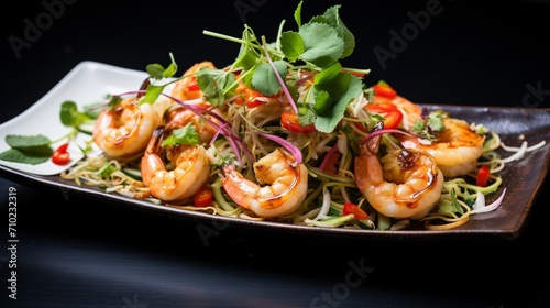 Pad Thai arranged on a modern platter, the shrimp garnished with microgreens, creating a visually sophisticated and appealing image.