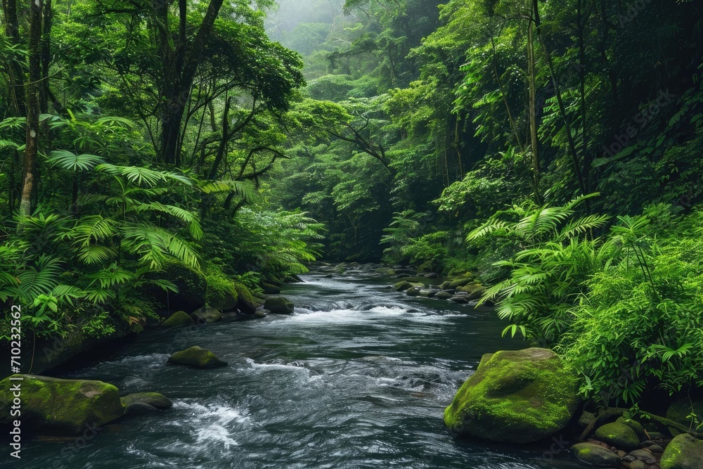 A breathtaking view of a lush forest Showcasing the diversity of plant life and a clean Flowing river