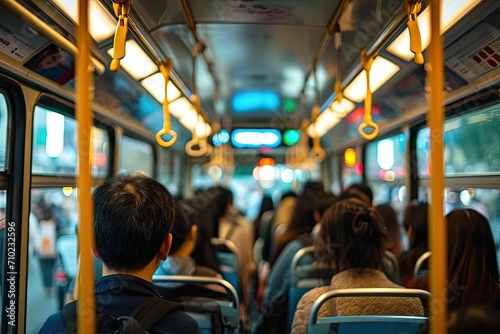 A bustling city bus during rush hour Filled with commuters from various walks of life Depicting urban transport and daily life