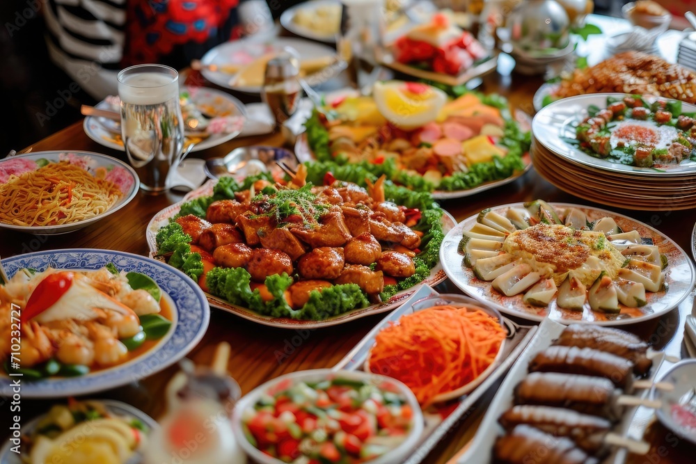 A festive table spread with a variety of international cuisines and dishes