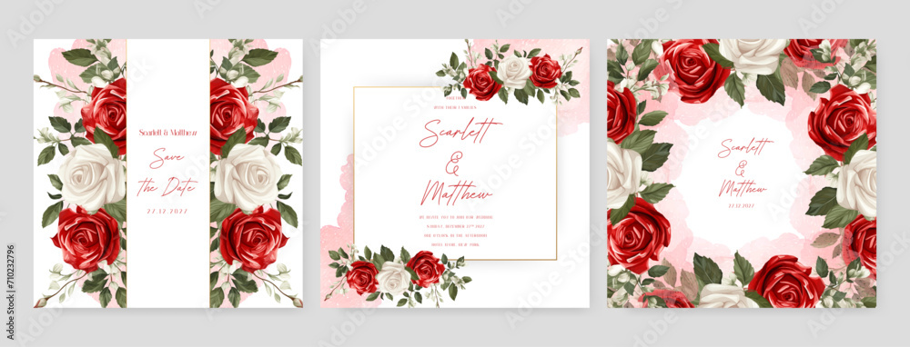 Red and white rose wedding invitation card template with flower and ...