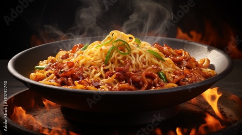 Close-up of sizzling Mapo noodles in a wok, with aromatic spices floating in the air.