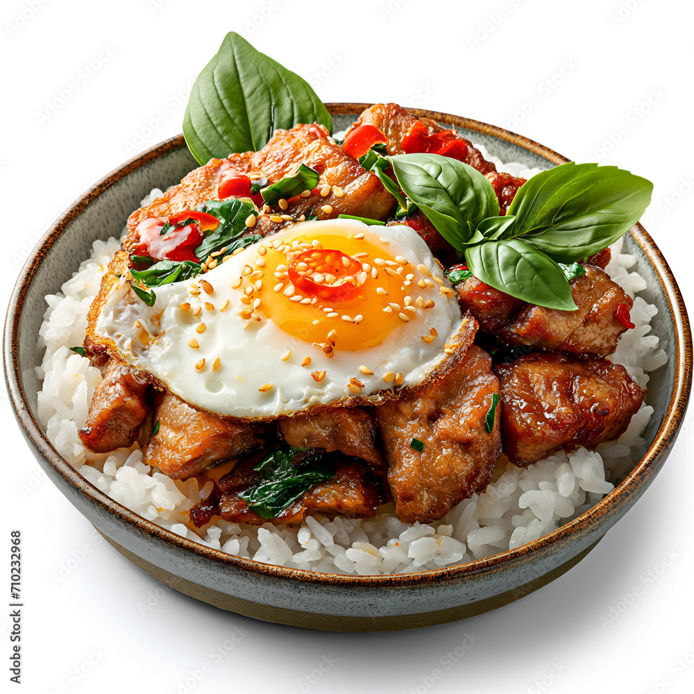 Crispy pork with basil rice and fried egg Crispy pork with basil rice and fried egg