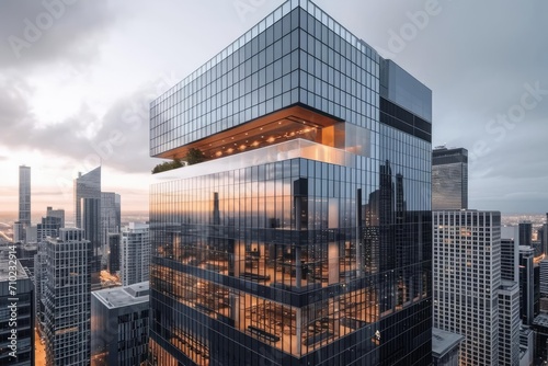 A modern office building with a sleek design Featuring large glass windows and a bustling cityscape in the background