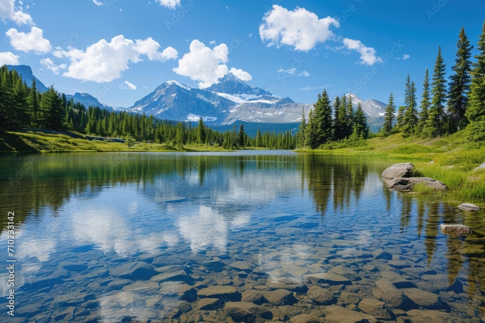 A serene mountain landscape with a clear lake and a variety of wildlife