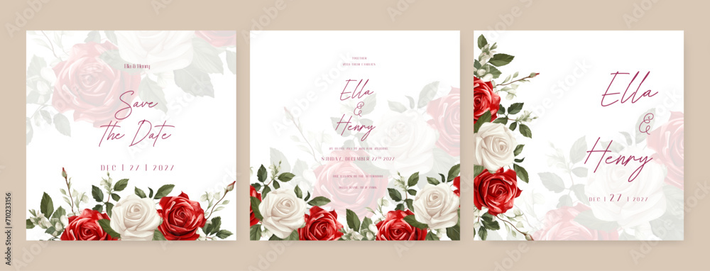 Red and white rose vector elegant watercolor wedding invitation floral design. Wedding floral watercolor background with square post template and social media