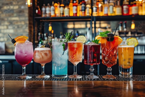 A variety of cocktails and artisanal drinks on a bar counter With vibrant colors and stylish presentation photo