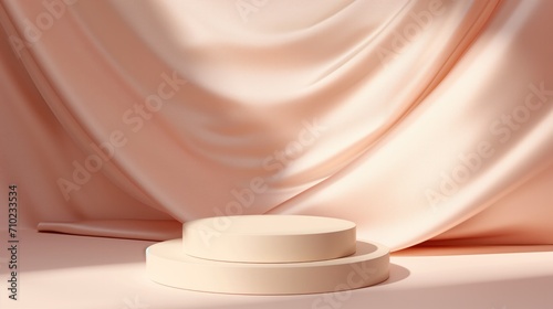 Cylinder platform podium on beige silk satin for cosmetic product presentation.