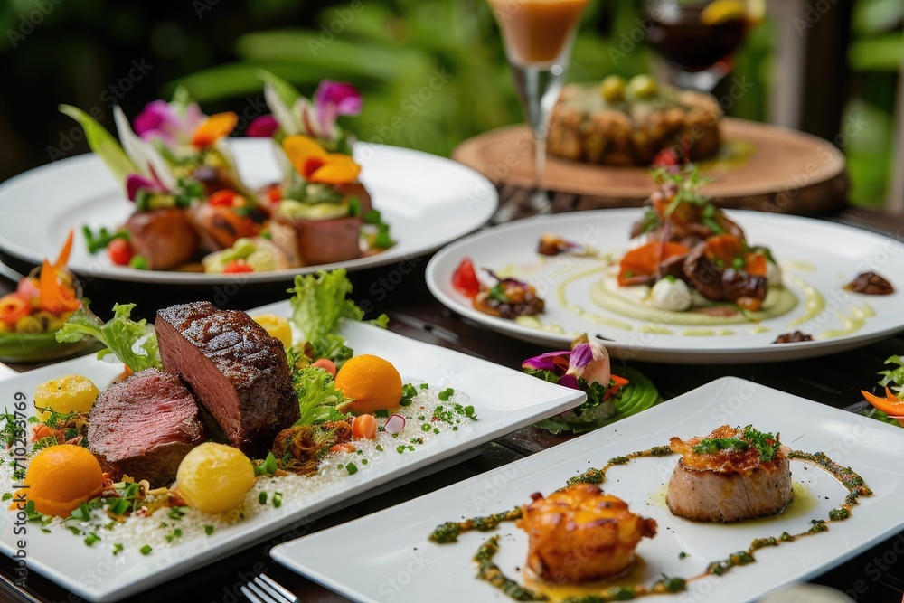 An assortment of gourmet dishes beautifully presented An assortment of gourmet dishes beautifully presented