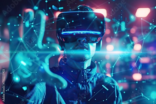 Futuristic technology concept Showing a person using virtual reality equipment in a high-tech environment