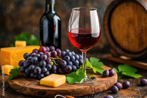 Glass of red wine with grapes and cheese on a rustic table