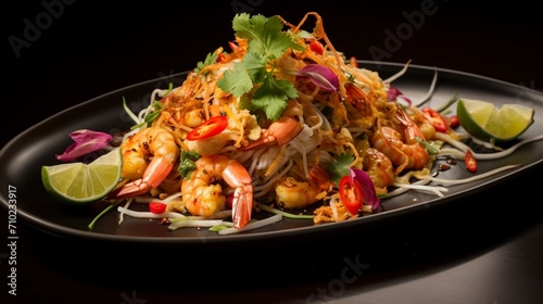 Pad Thai arranged on a modern platter, the shrimp positioned to perfection, creating a visually striking and appetizing image.