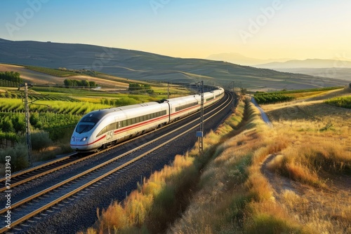 High-speed train passing through a scenic countryside