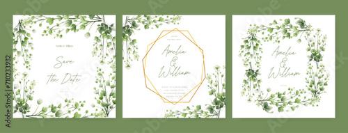 White jasmine artistic wedding invitation card template set with flower decorations. Wedding floral watercolor background with square post template and social media photo