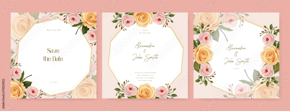 Pink and yellow rose modern wedding invitation template with floral and flower. Wedding floral watercolor background with square post template and social media