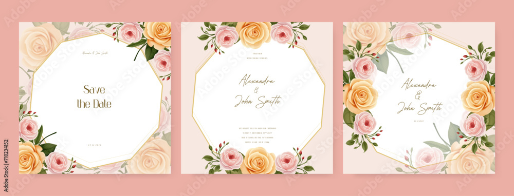 Pink and yellow rose modern wedding invitation template with floral and ...