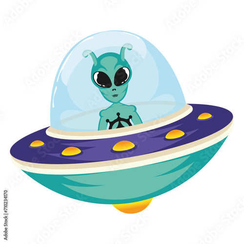 Colored ufo spaceship with alien character Vector