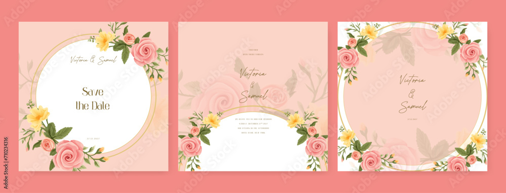 Yellow and pink rose luxury wedding invitation with golden line art flower and botanical leaves, shapes, watercolor. Wedding floral watercolor background with square post template and social media
