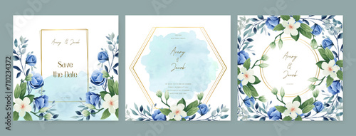 Blue and white rose and cosmos elegant wedding invitation card template with watercolor floral and leaves. Wedding floral watercolor background with square post template and social media