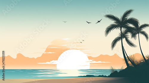 minimalistic beach landscape with sunset. cut out illustration